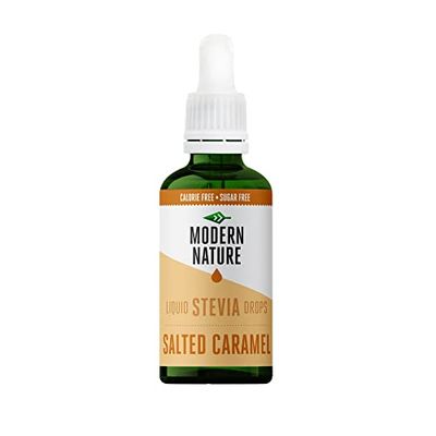 Modern Nature Salted Caramel Flavour Drops Sugar Free Coffee Syrup, Liquid Stevia Sweetener, Zero Calorie, Natural Sweetner Flavor Drops Perfect for Coffee, Protein Shakes, Baking & Drinks - 50ml