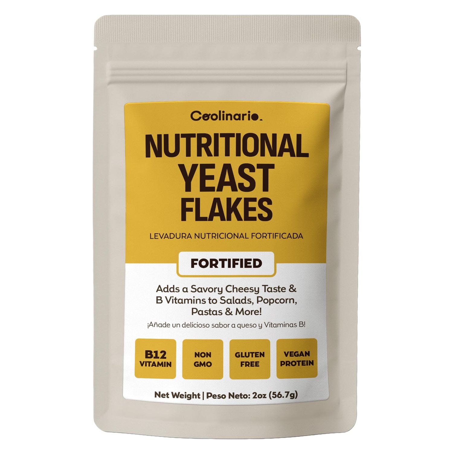 Coolinario Fortified Nutritional Yeast Flakes (56 g) Savory Cheese-Like Flavor for Vegan Cooking Rich in B-Vitamins, Protein &amp; Fiber Ideal for Pasta, Popcorn &amp; Sauces Gluten-Free &amp; Vegan