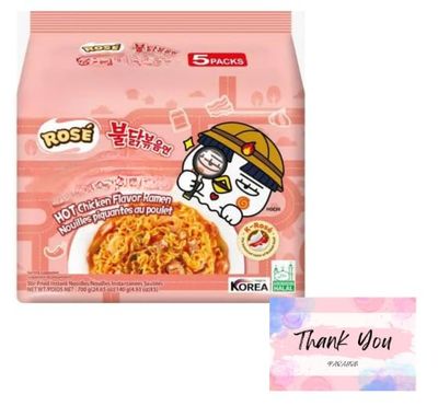 Hot Chicken Spicy Ramen korean food - Instant Noodles (Pack of 5) - Fiery Spicy Cheese Flavour - Authentic Korean Street Food - Halal Certified - Quick &amp; Easy Meal (Pack of 5, Rose)