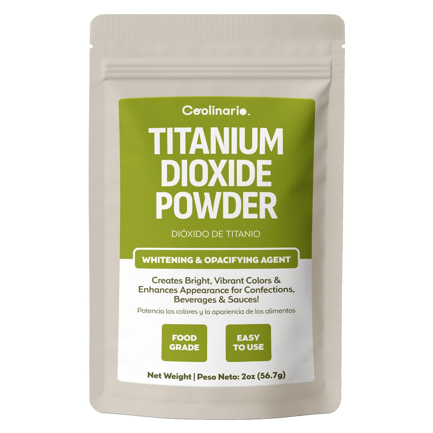 Coolinario Titanium Dioxide Powder (56 g) Food Grade Whitening &amp; Opacifying Agent for Confections, Beverages &amp; Sauces Creates Bright, Vibrant Colors &amp; Enhances Appearance
