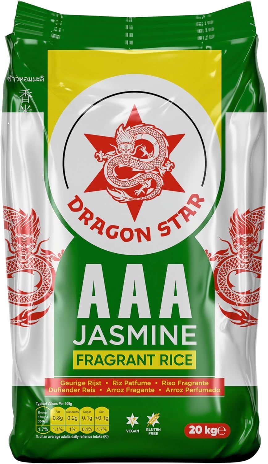 Dragon Star AAA Jasmine Fragrant Rice 20 kg PACK OF 1 Vegan and Gluten Free Premium White Rice Ideal for Asian &amp; Afro Carribean Cuisine.