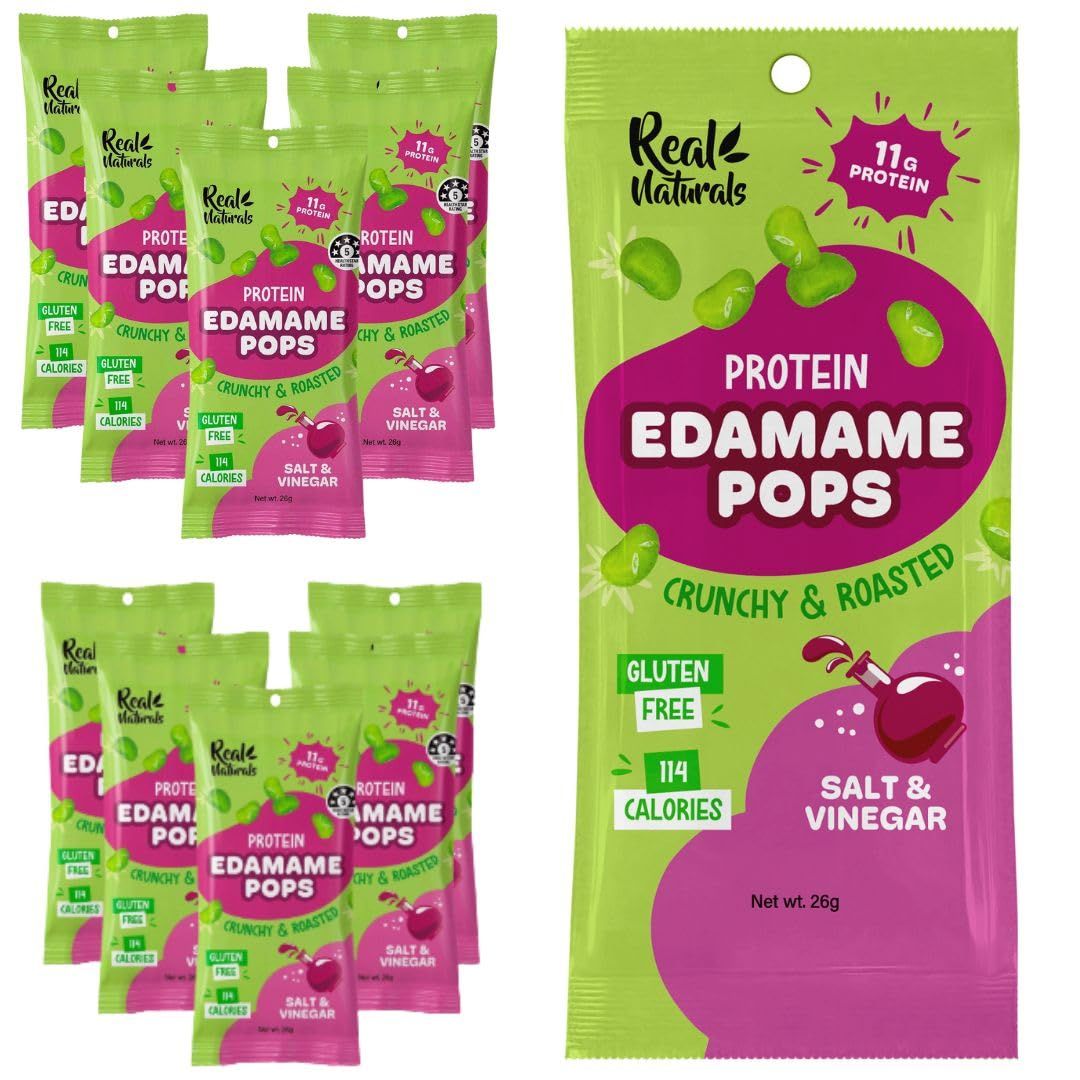 Edamame Beans snack (10x26g Packs) High Protein, High Fibre snack dry roasted edamame, Salt &amp; Vinegar flavour. Healthy keto snacks, low carb protein snacks vegan gluten free