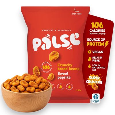 Palse Crunchy Broad Beans Sweet Paprika 12 x 50g Roasted Broad Bean Snacks Vegan Crunchy Crisp Alternative High Fibre Multipack