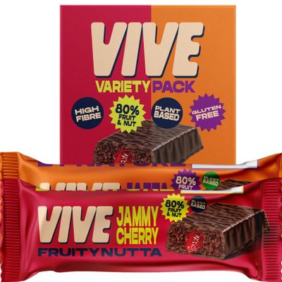 Vive Fruity Nutta Mixed Box - Variety of Fruit Jam Filled Vegan Snack Bars - 80% Fruit & Nut, Belgian Chocolate Coated, High Fibre, Gluten-Free - Pack of 12 Healthy Bars for On-the-Go Snacking