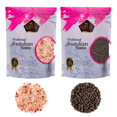Cerez Pazari Whole Black Peppercorns 250g, Himalayan Pink Salt (Coarse Grain) 650g, Premium Quality, Freshly Packed For Grinder Refill, Resealable Bulk Bag, Non-GMO and Gluten Free Cerez Pazari Whole Black Peppercorns 250g, Himalayan Pink Salt (Coarse Grain) 650g, Premium Quality, Freshly Packed For Grinder Refill, Resealable Bulk Bag, Non-GMO and Gluten Free