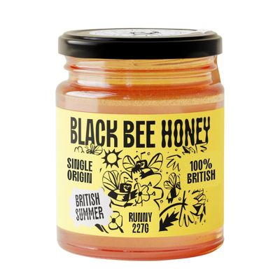 Black Bee Honey - Pure British Summer Honey, Runny with a Heady Floral Flavour, Unprocessed, Single Source from Hive to Jar, Never Blended - Delicious on Toast, Soothing in Drinks, 227g Glass Jar
