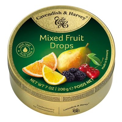 Pack of 3 Cavendish & Harvey Mixed Fruit Drops in Tin - Premium Fruity Travel Sweets made with Real Fruit Juice, Vegan Friendly Confectionery Hard-Boiled Candies - Each H4 x 9.7cm Diameter, 200g
