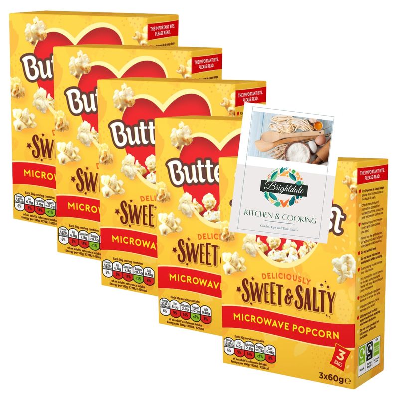 Microwave Popcorn Bundle with Butterkist Sweet &amp; Salted Microwave Popcorn (3 x 60g) 5 Pack + Brightdale Kitchen Booklet