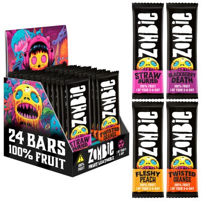 Zombie Fruit Bars, Variety Box (24 Bars, 4 Flavours), 100% Dried Fruit, Healthy Snacks for Adults, Kids, Low Calorie, Gluten Free, Vegan, Halal, Bulk, Real Fruit, No Added Sugar, Natural, Roll Ups