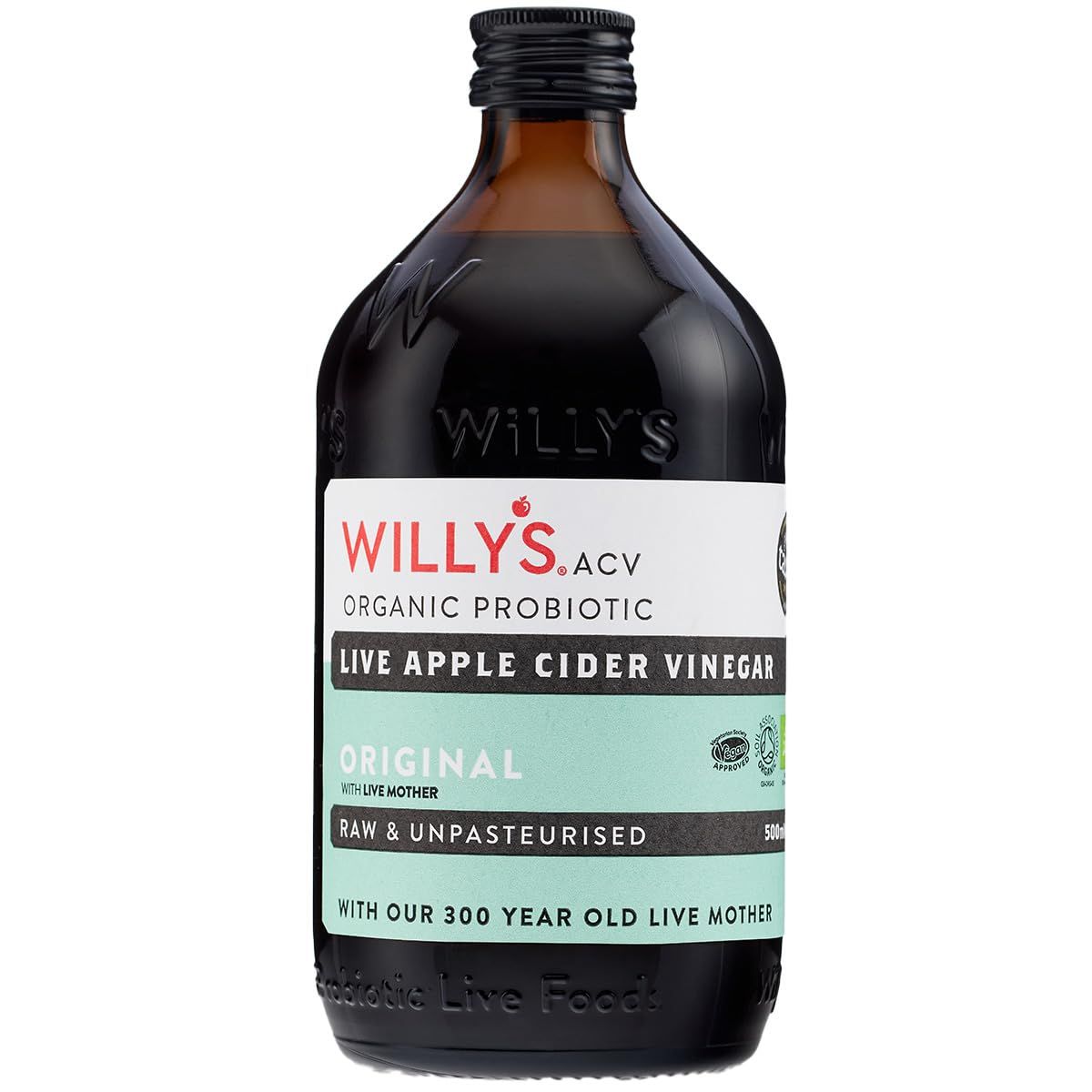 WILLY'S Apple Cider Vinegar with Live Mother - Probiotics For Detox &amp; Gut Health - 500ML Glass Bottle - Organic, Raw, Unpasteurised, Naturally Fermented ACV