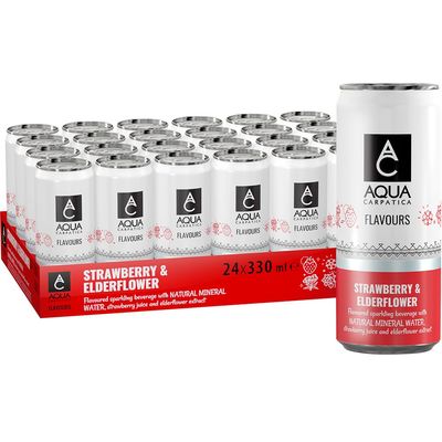 AQUA Carpatica Sparkling Flavours Strawberry &amp; Elderflower 330ml x 24 - Natural Fruit Juice Infused Sparkling Water, No Added Sugar, Naturally Alkaline, Sweetened with Agave Syrup, Rich in Minerals