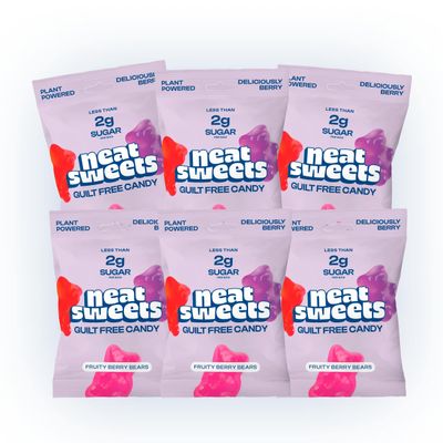 NeatSweets Vegan Sweets with Low Sugar - High Fibre, Gluten Free Plant Based Gummy Bears - 1.6g of Sugar per 50g Low Calorie No Added Sugar Guilt-Free Delicious Candy (Pack of 6, Fruity Berry)