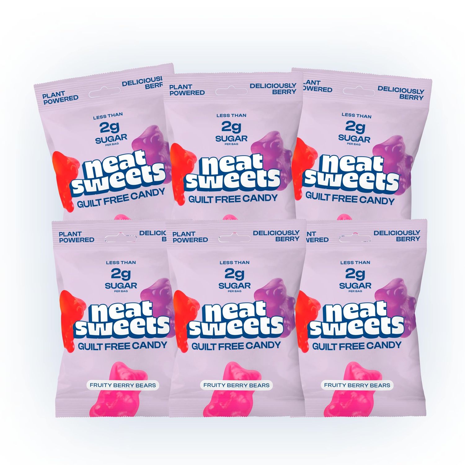 NeatSweets Vegan Sweets with Low Sugar - High Fibre, Gluten Free Plant Based Gummy Bears - 1.6g of Sugar per 50g Low Calorie No Added Sugar Guilt-Free Delicious Candy (Pack of 6, Fruity Berry)