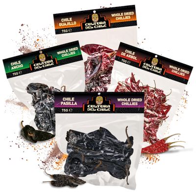 Mexican Whole Dried Chilli Bundle. Ancho, Guajillo, Arbol, and Pasilla (300g Total). All Natural, Staple Chillies for Authentic Mexican Taste. Great for Birria Tacos, Mole, Tamales and Salsa