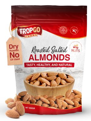 Tropgo Large Almonds Roasted & Salted 500g - Dry Roasted, No Oil Used, Packed Fresh Salted Almond Nuts with Fibre, Protein, and Minerals, Perfect for Snacking, Kosher Approved
