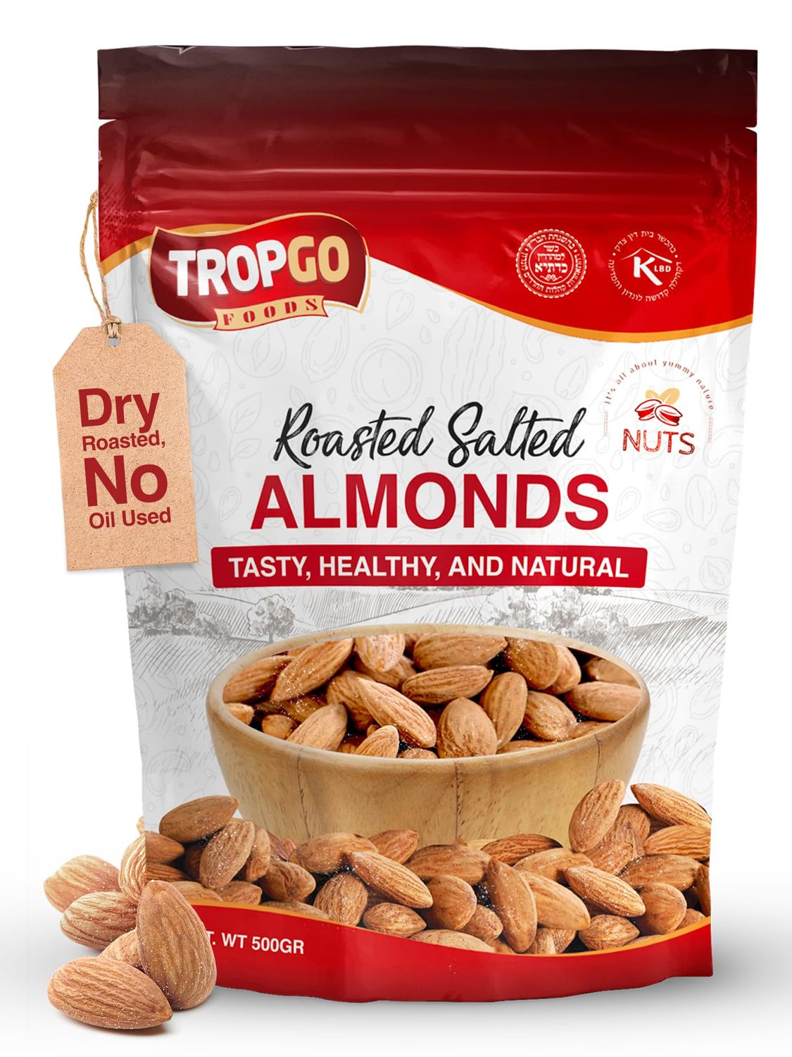 Tropgo Large Almonds Roasted &amp; Salted 500g - Dry Roasted, No Oil Used, Packed Fresh Salted Almond Nuts with Fibre, Protein, and Minerals, Perfect for Snacking, Kosher Approved