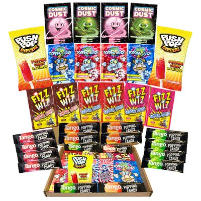 Mega Popping Candy Bundle 28Pcs Variety Box Including Every Flavour Strawberry, Apple, Blue Raspberry, Cherry, Orange Fizz Wiz, Tango, Popping Lollipop &amp; More Letterbox Sized