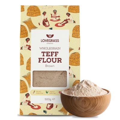 Lovegrass Ethiopia Habesha Brown Teff Flour 500g Gluten Free Vegan, High Protein, Vitamins &amp; Minerals Great for Baking Including the Traditional Injera Flatbread