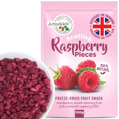 100g Arbuckle's Freeze Dried Raspberries Pieces Direct from UK Farm Shop, Raspberry Crumble Nutritious and Healthy Raspberry Natural, for Baking, Breakfast Cereal Topper, Yogurt, Cake Decorations