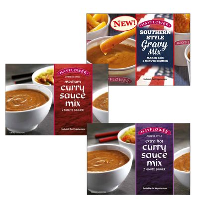 Mayflower Sauce Mix Pack of 3 Chinese Style Curry Sauce Medium 255g, Chinese Curry Sauce Extra Hot 255g, Southern Style Gravy Mix 255g