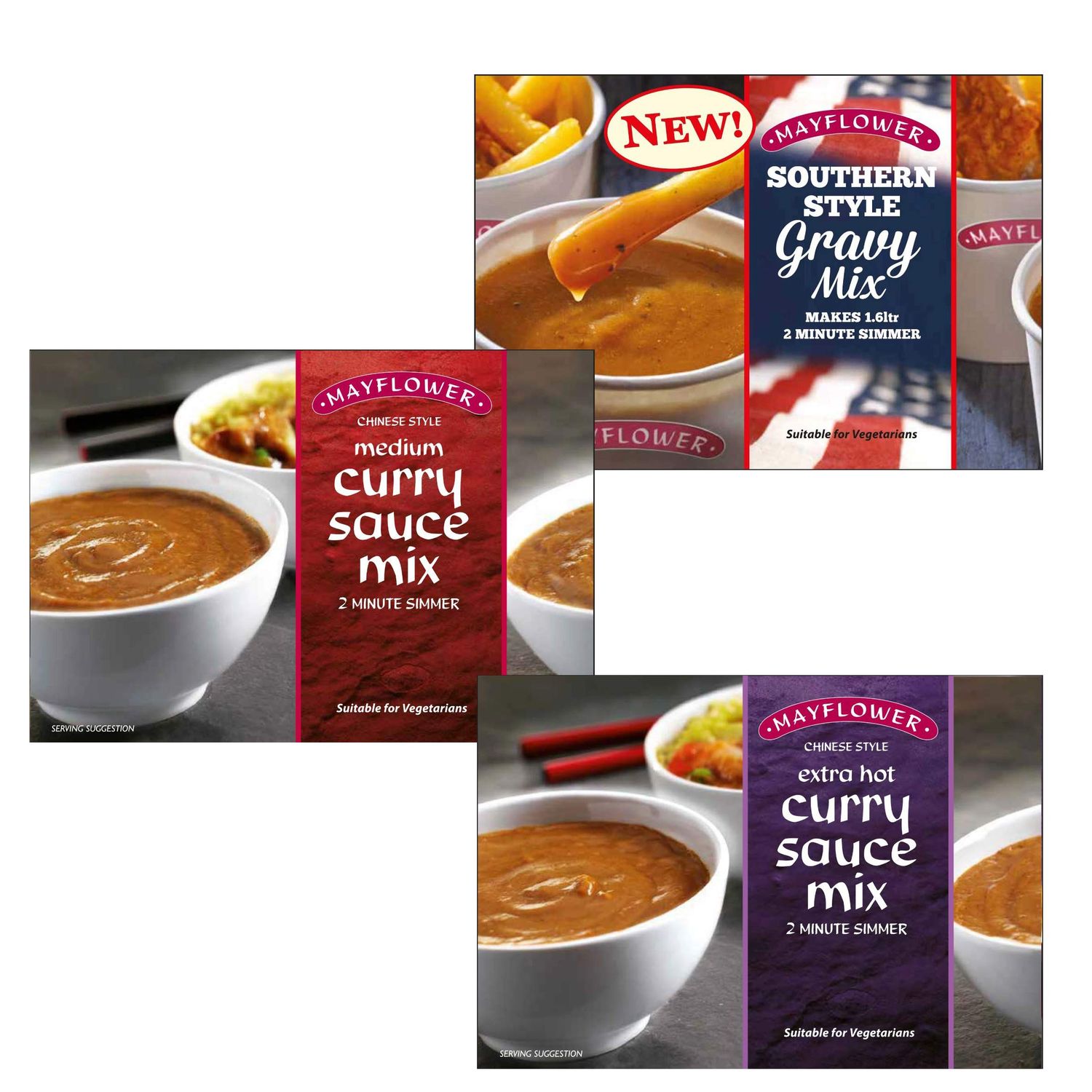 Mayflower Sauce Mix Pack of 3 Chinese Style Curry Sauce Medium 255g, Chinese Curry Sauce Extra Hot 255g, Southern Style Gravy Mix 255g