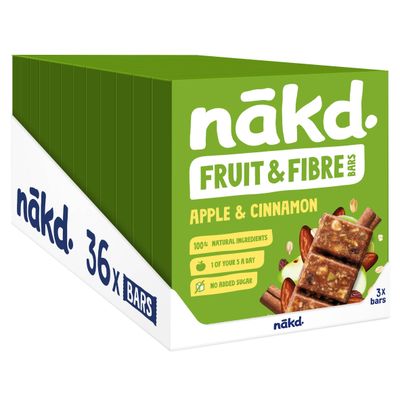 nakd. Fruit &amp; Fibre bars - Apple &amp; Cinnamon - High in fibre - 100% Natural ingredients - No added sugar - Vegan - 36 x 44g bars - 1584g