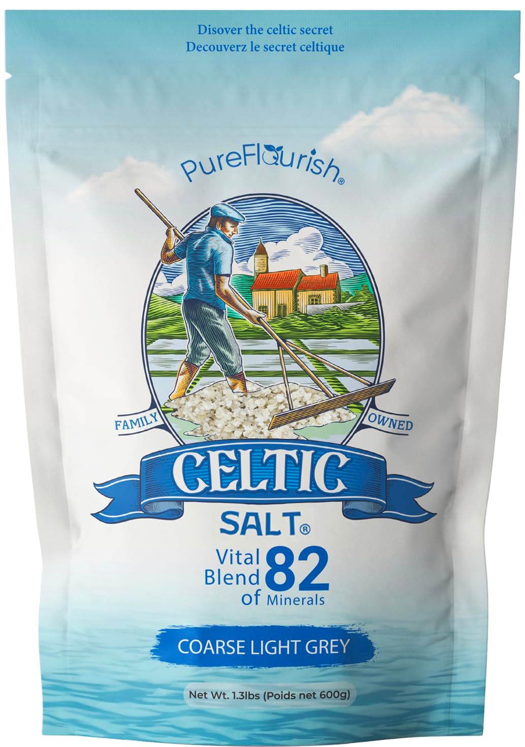 Pure Flourish Celtic Sea Salt - 600g 100% Unrefined Celtic Salt Rich in Essential Minerals Hand Harvested Light Grey Celtic Salt Crystals from France