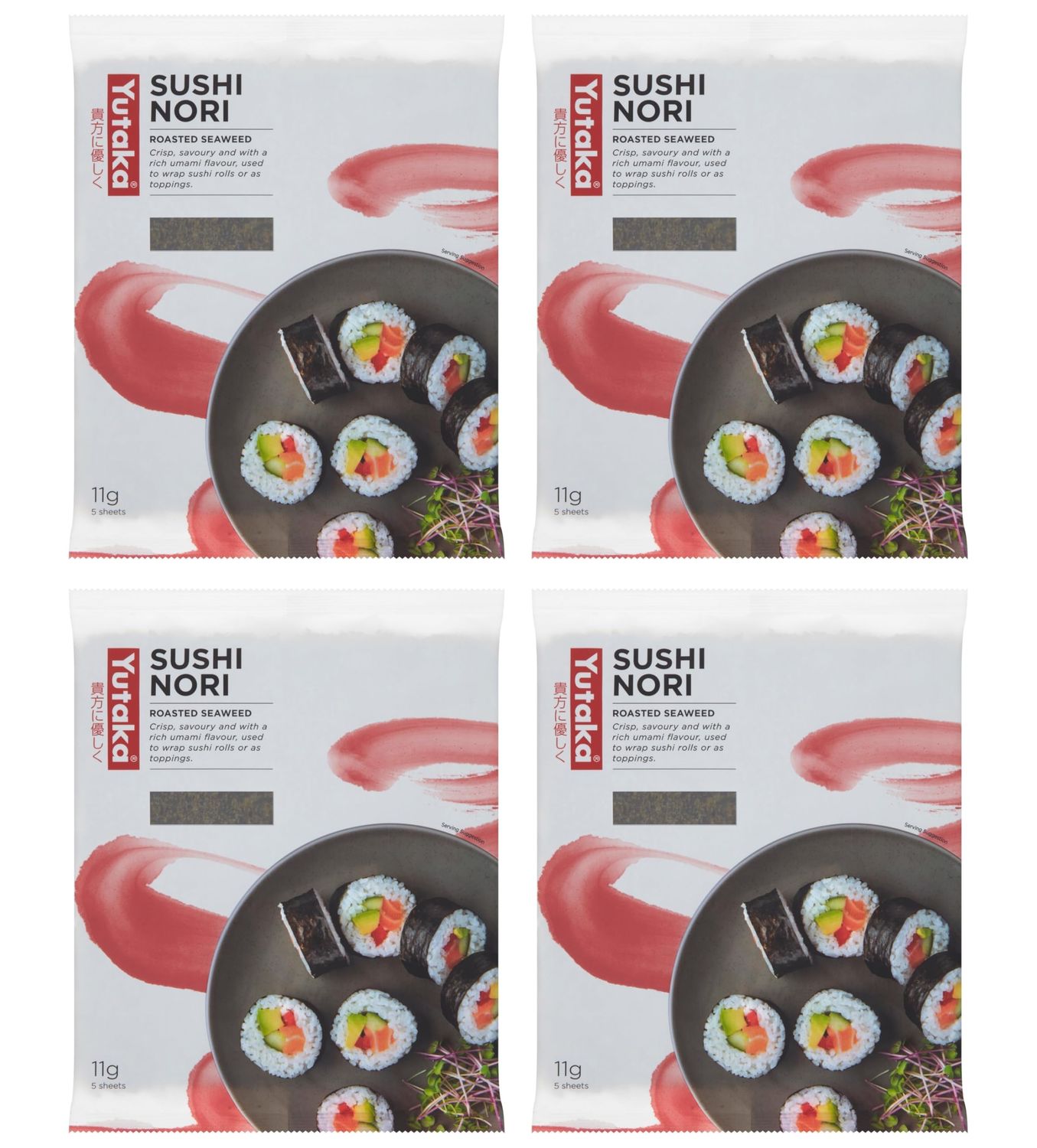Yutaka - Sushi Nori, 11g (5 Sheets) x Pack of 4 - Japanese-Style Roasted Seaweed - Crisp &amp; Umami-Rich - Ideal for Sushi Rolls, Soups &amp; Rice Bowls - Natural, Vegan-Friendly &amp; Ready to Use