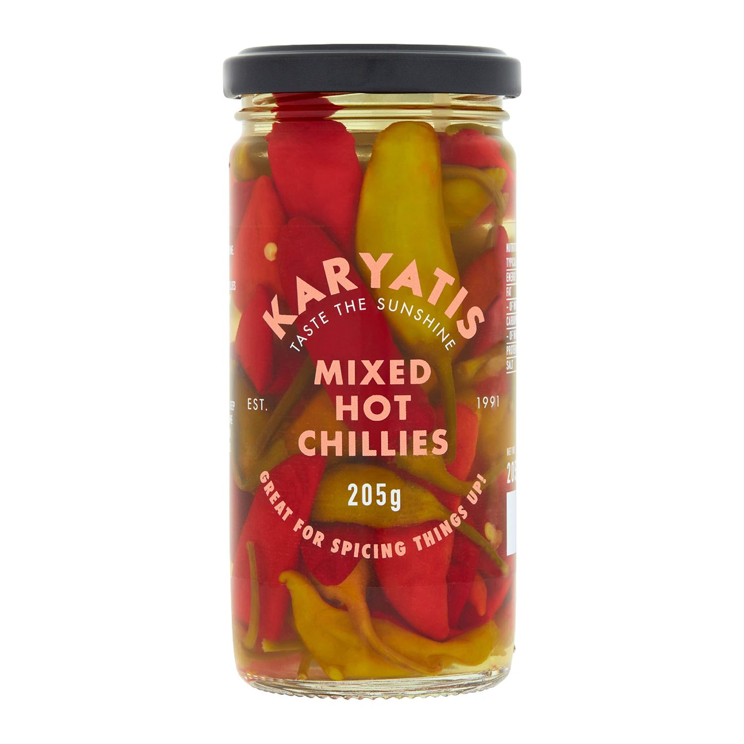 Karyatis Mixed Hot Chillies in Brine, Glass Jar, 205 g