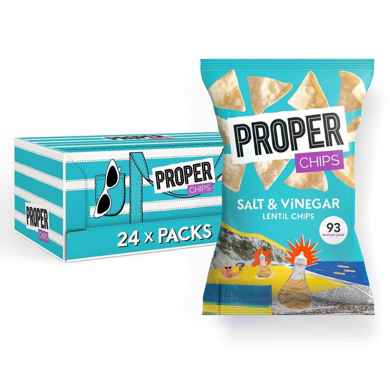 Proper PROPERCHIPS Lentil Crisps Vegan Gluten Free Snack Packs 24 x 20g, Salt and Vinegar, 480 gram