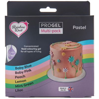 Rainbow Dust ProGel® Concentrated Food Colour, 6 Tube Multipack, Pastel Shades Colouring Gel For Baking and Cake Decorating, Lilac, Pink, Peach, Lemon, Green, Blue