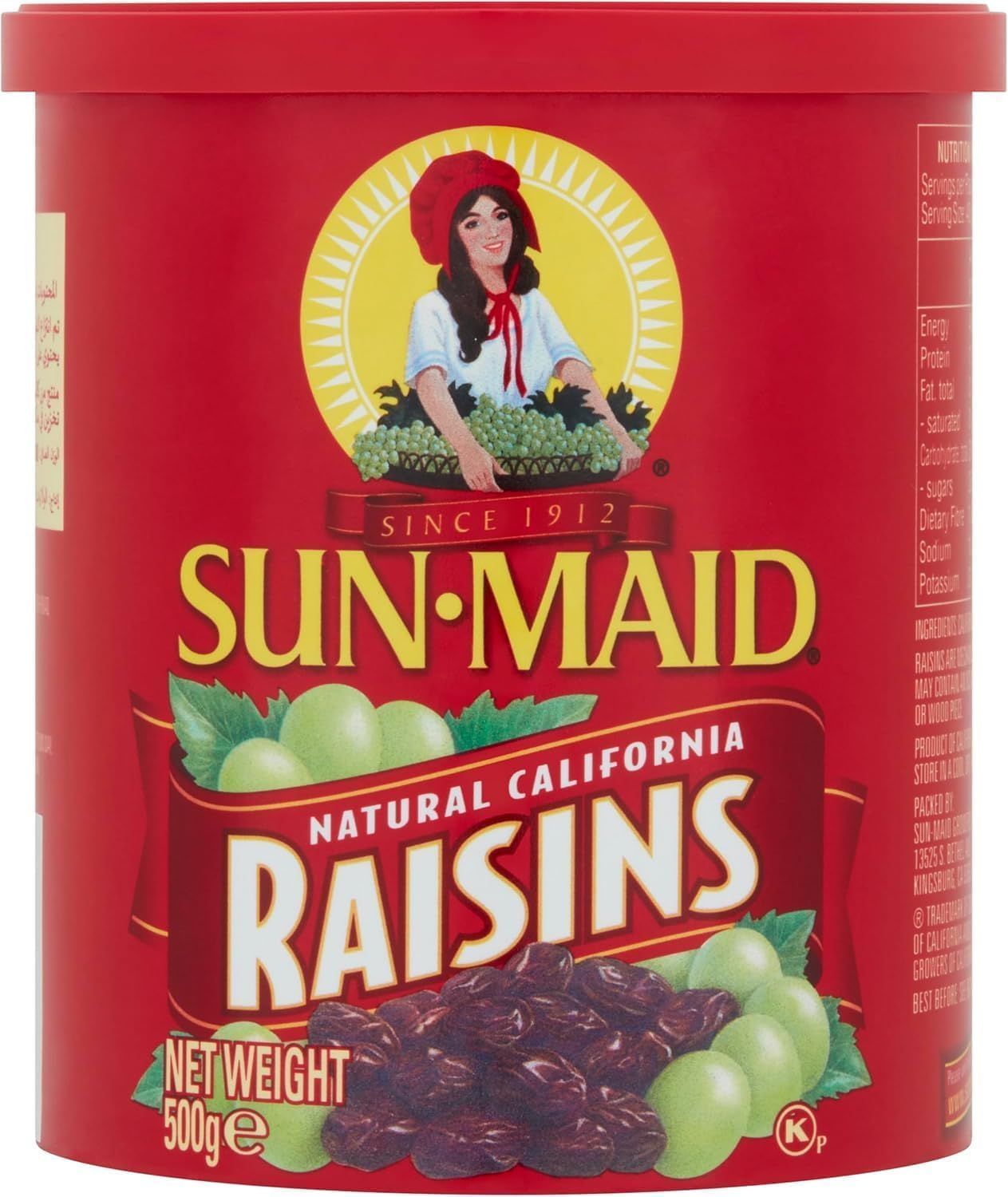 Sun-Maid California Raisins Tub - 500 grams - Natural Dried Fruit Snack - Vegan, Gluten-Free - High in Fiber &amp; Antioxidants - Ideal for Baking, Cooking, Trail Mix, Salads &amp; Lunchboxes