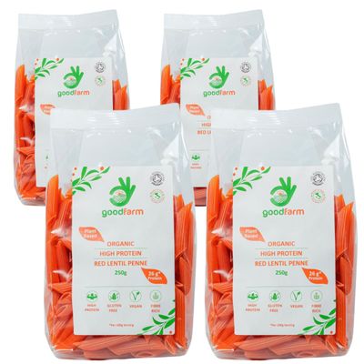 goodFarm Organic Red Lentil Penne Pasta 1 kg (250g x 4) - High Protein &amp; Fibre, Gluten-free, Vegan, Low calorie