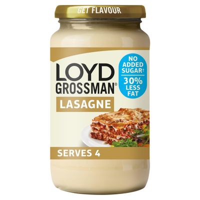 Loyd Grossman No Added Sugar Italian White Lasagne Sauce - Silky Cream &amp; Parmesan Blend, 30% Less Fat, 450 g Jar (Pack of 1)