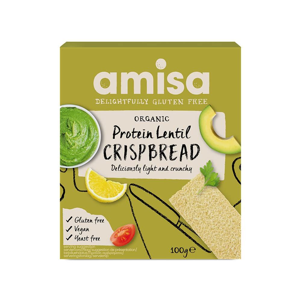 Amisa Organic Gluten-Free Protein Lentil Crispbread, 100g - Yeast Free &amp; Low Carb - Plant-Based Protein - The Perfect Vegan Snack