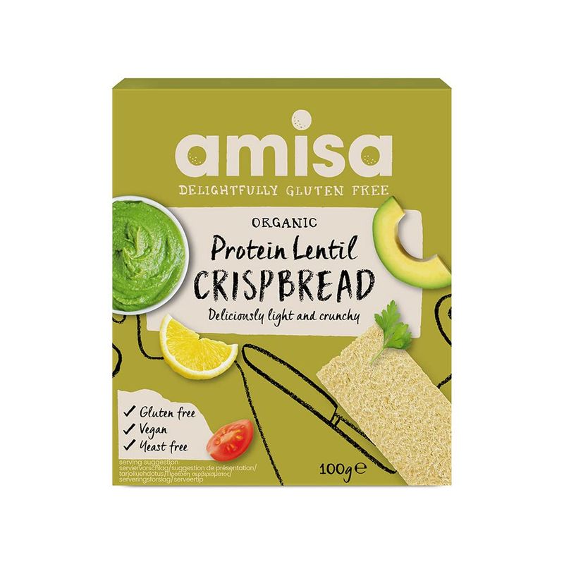 Amisa Organic Gluten-Free Protein Lentil Crispbread, 100g - Yeast Free &amp; Low Carb - Plant-Based Protein - The Perfect Vegan Snack