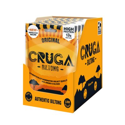 Cruga Original Beef Biltong Flavour 12 × 25g Snack Packs - High Protein Gluten Free Spicy Snack - Low Sugar - No Added MSG - Ideal for Gym, Travel, Hiking &amp; Everyday Energy