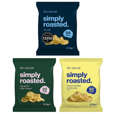 Simply Roasted - Classic Mixed 24 x 21.5g Impulse Bags Crowd Favourites Vegan 50% Less Fat Under 99 Calories Per Serve Triple Cooked for the Ultimate Crunch Gluten & Allergen-Free