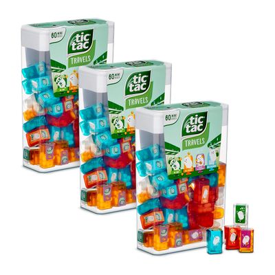 Tic Tac Travels Set: 3 large boxes with 60 mini boxes of 3.8 g each in fruit &amp; mint flavours - ideal for travelling, for treats and as a creative gift idea