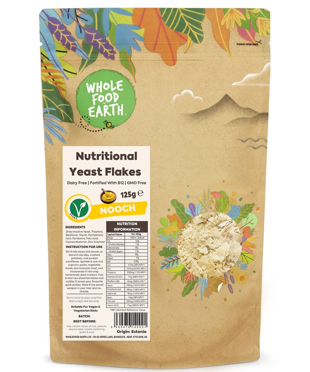 Wholefood Earth Nutritional Yeast Flakes (Nooch) 125g Dairy Free Fortified with B12 GMO Free