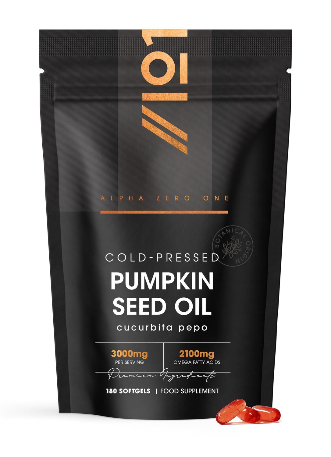 Pumpkin Seed Oil 3000mg - 50% Linoleic Acid - 180 Softgels - 100% Cold Pressed - No Additives - Resealable and Recyclable Pouch by Alpha01