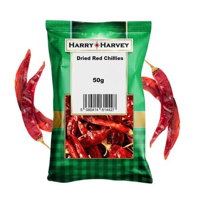 Harry Harvey Dried Red Chillies Whole 50g Sun Dried Kashmiri Chilli, Hot Mirch Peppers & Long Red Chilli for Curries, Rice, Pickles & Seasoning Natural Spice Herb for Authentic Indian Cooking