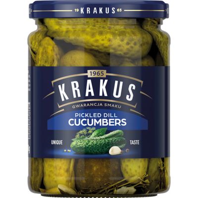 Krakus Pickled Dill Cucumbers - Sweet &amp; Sour Taste - Crispy Gherkins - Delicious Condiment - Ready to Serve - 490g Glass Jar