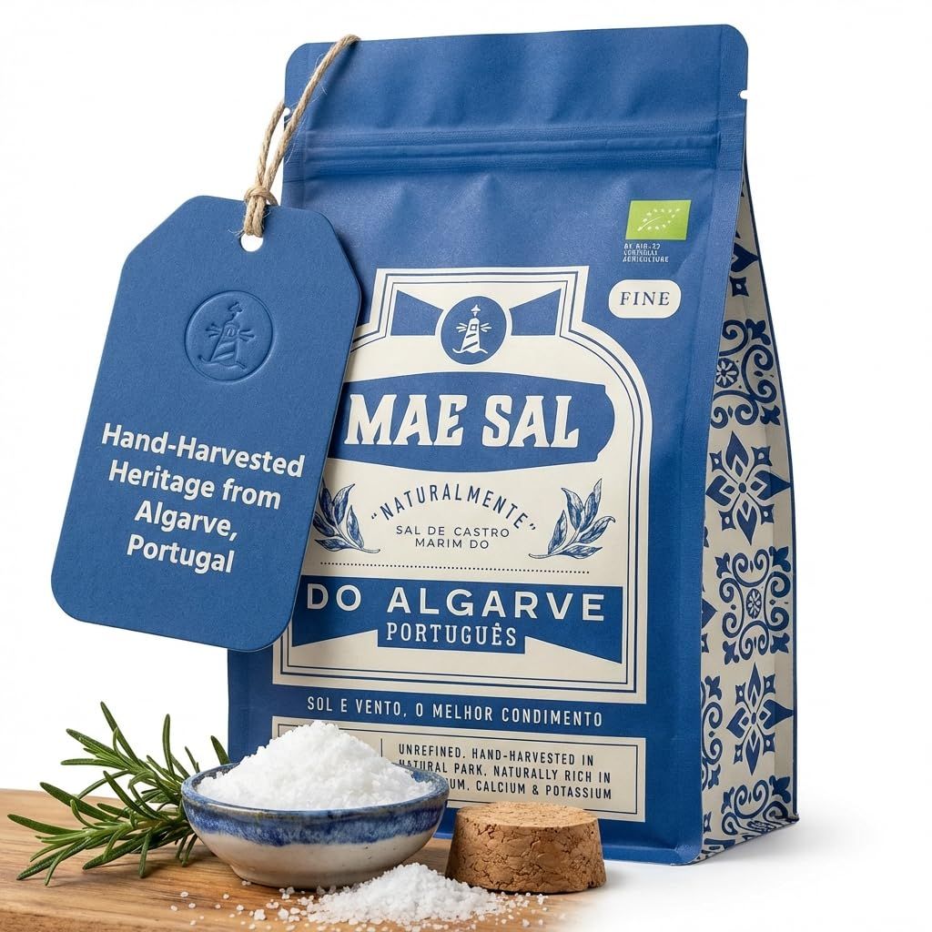 Mae Sal Organic Fine Sea Salt Hand-Harvested in Algarve, Portugal 100% Natural, Unrefined &amp; Mineral Rich (Magnesium, Potassium) Everyday Cooking, Baking &amp; Seasoning 500g Resealable Pack
