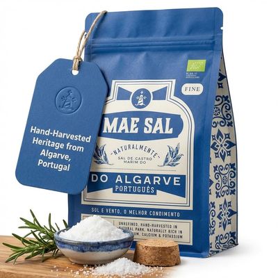 Mae Sal Organic Fine Sea Salt Hand-Harvested in Algarve, Portugal 100% Natural, Unrefined &amp; Mineral Rich (Magnesium, Potassium) Everyday Cooking, Baking &amp; Seasoning 500g Resealable Pack