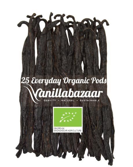 25 Organic Everyday Madagascan Vanilla Pods Grade A Vanilla Beans in Airtight Tin Gourmet Sticks for Baking, 11-14cm long 5 x 5 Vacuum Packs Inside Vanillabazaar