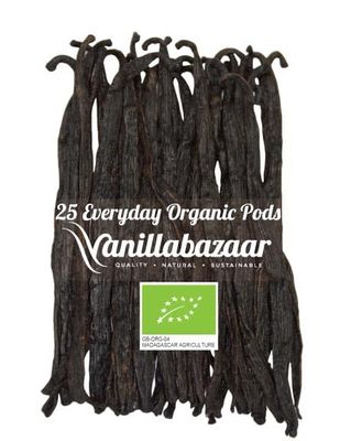 25 Organic Everyday Madagascan Vanilla Pods Grade A Vanilla Beans in Airtight Tin Gourmet Sticks for Baking, 11-14cm long 5 x 5 Vacuum Packs Inside Vanillabazaar