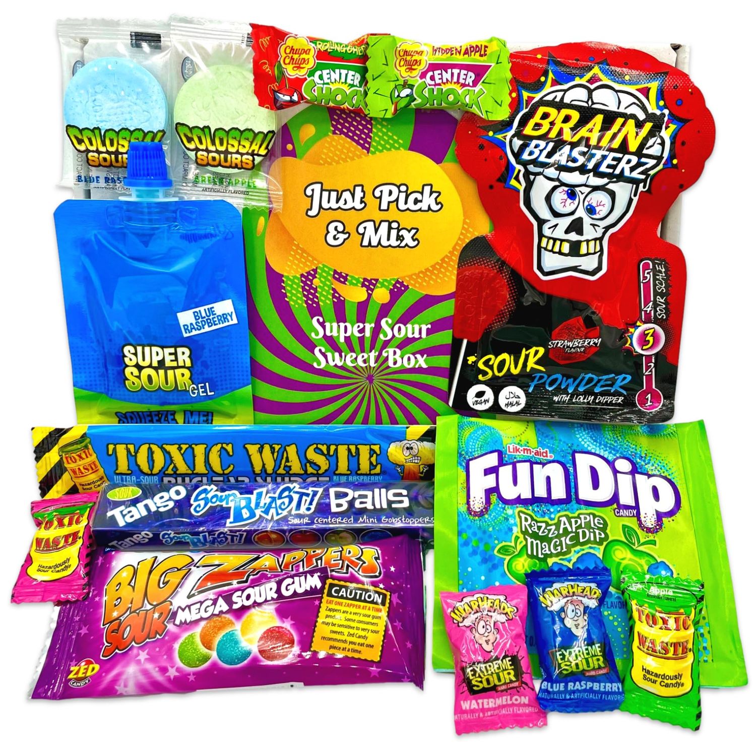 Just Pick &amp; Mix Ultimate Super Sour Sweets Selection Box Full of American Sour Sweets Including Warheads, Toxic Waste and Brain Blaster