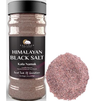 Saltean Chef Secret Himalayan Black Salt Fine 400 Gram Dual Flip Kala Namak Perfect for Tofu, Indian Food Seasoning Spice Cooking, Salad, Chat, Vegan Friendly with 84 Minerals