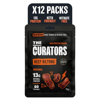 The Curators, Original Beef Biltong (12 X 25g pack), Nitrate Free, High Protein, Zero Carb, Low Calorie, Gluten Free, Prime Cuts of British &amp; Irish Grass Fed Beef, Keto &amp; GLP Friendly Savoury Snack